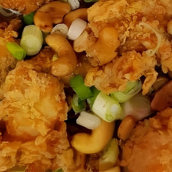 Close-up of crispy fried chicken, cashews, and green onions from Orient Express Webb City.